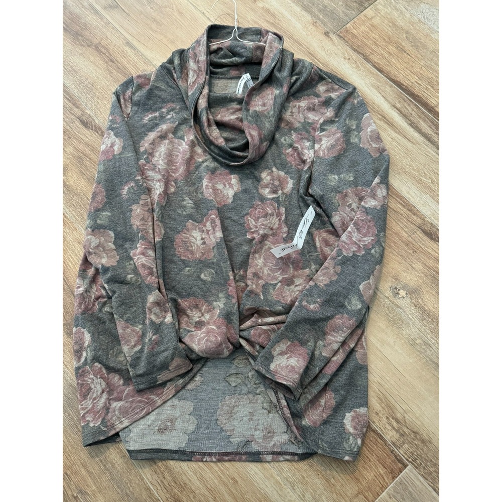 Leo & Nicole Women's Long Sleeve Pullover Shirt Cowl Neck Gray Floral New Size M